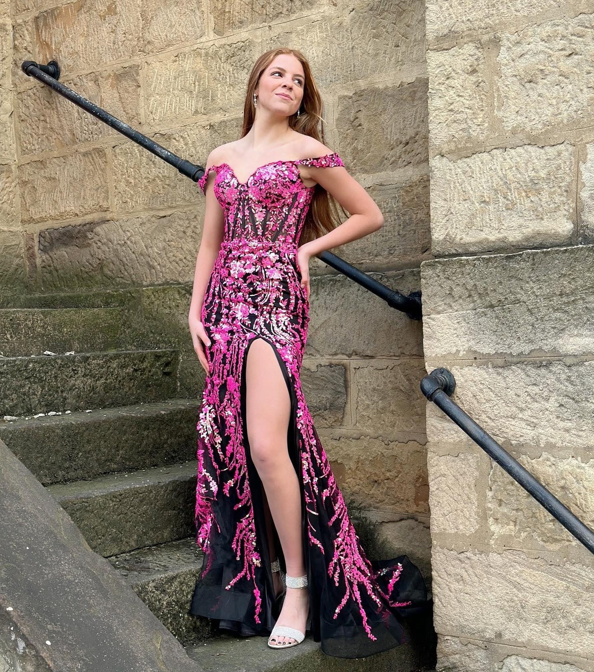 Sparkly Mermaid Off The Shoulder Black Fuchsia Corset Prom Dress with Slit