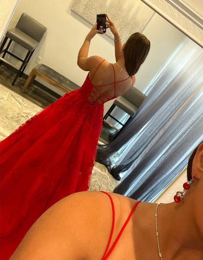 Princess Long Red Prom Dress with Appliques