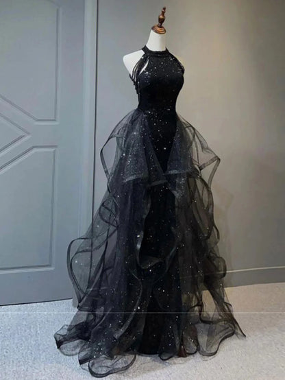 A Line Sparkly Halter Long Prom Dress