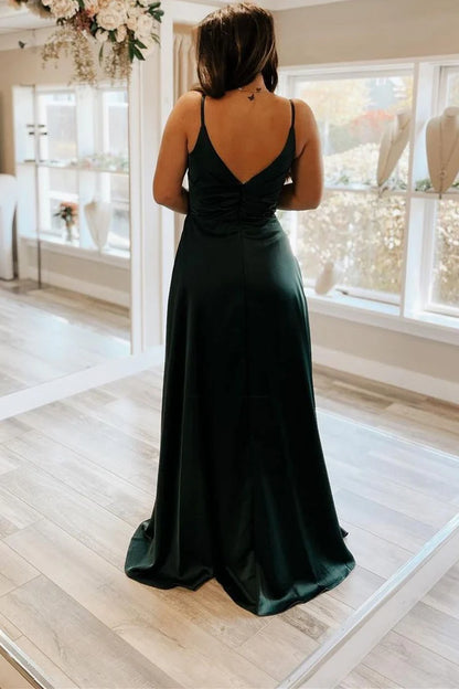 Satin Pleated V-Neck Backless Long PromDress