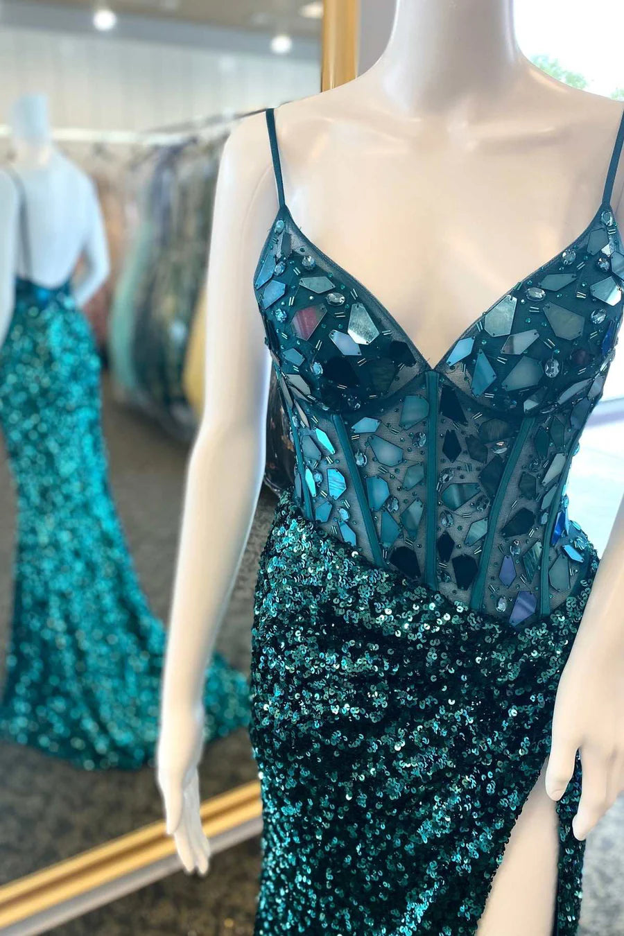 Sequin Cut Glass Mirror Long Prom Dress with Slit