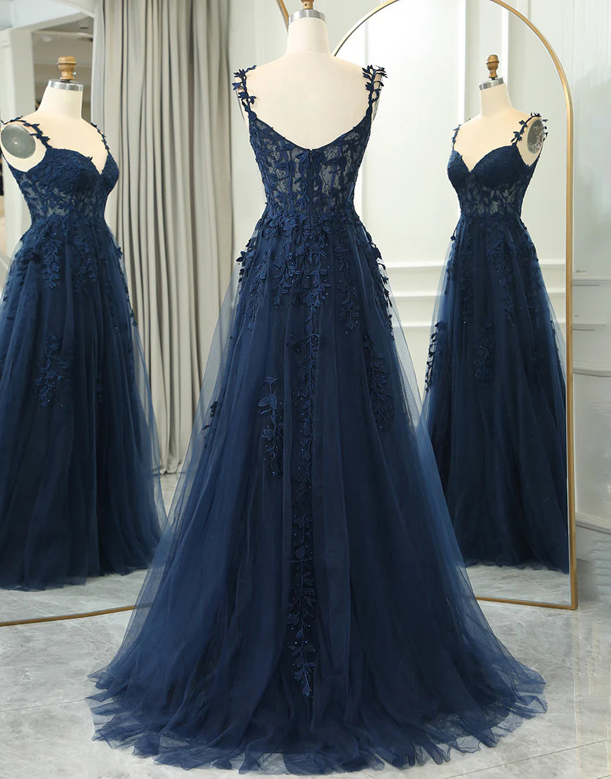 A Line Spaghetti Straps Long Prom Dress With Appliques