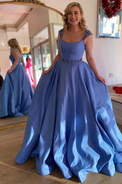 Princess A-Line Rhinestone Strap Long Prom Dress