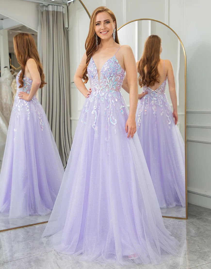 A Line Tulle Backless Long Prom Dress With Appliques