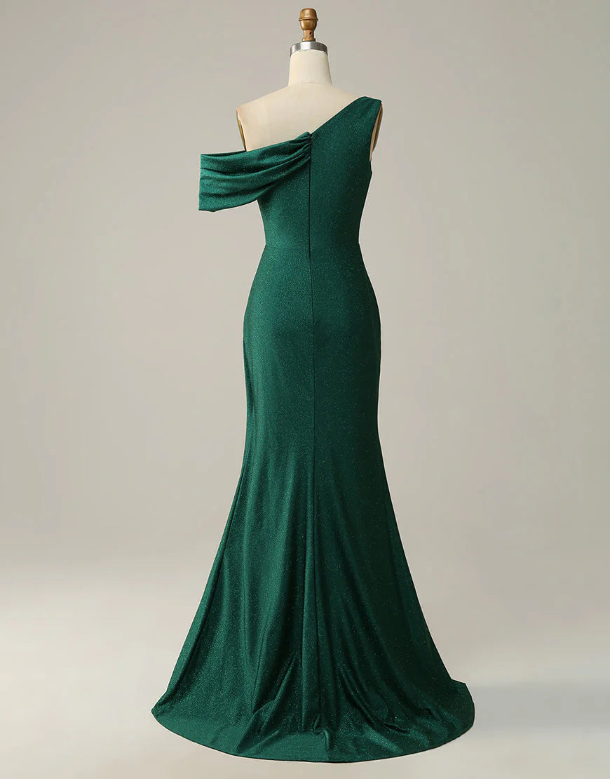Mermaid One Shoulder Dark Green Long Prom Dress