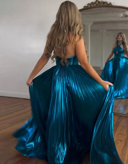 Halter Neck A-Line Long Prom Dress With Slit