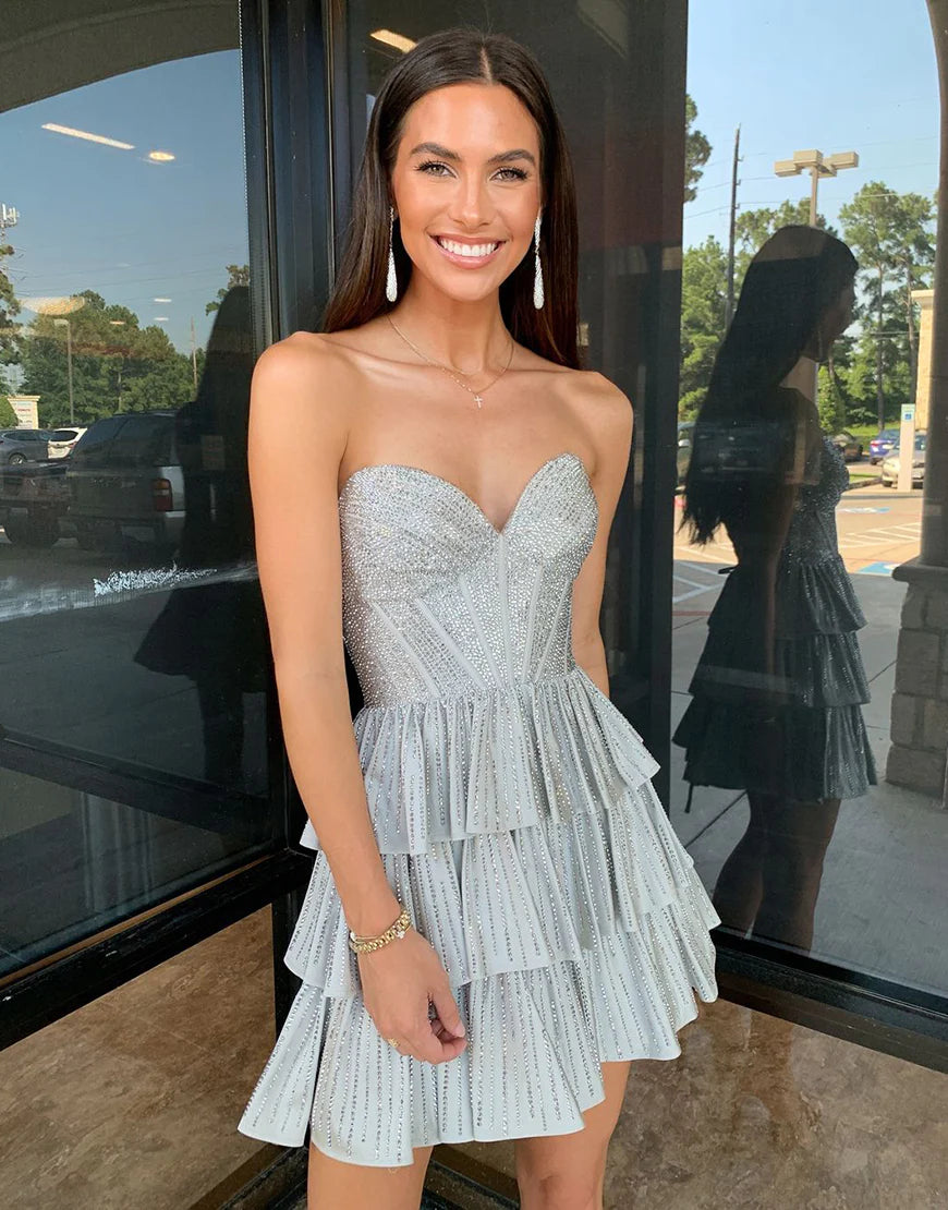 A Line Sparkly Grey Strapless Short Homecoming Dress