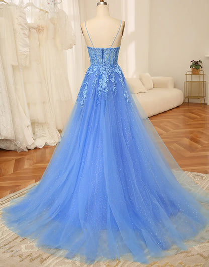 Spaghetti Strap Long Prom Dress With Appliqué