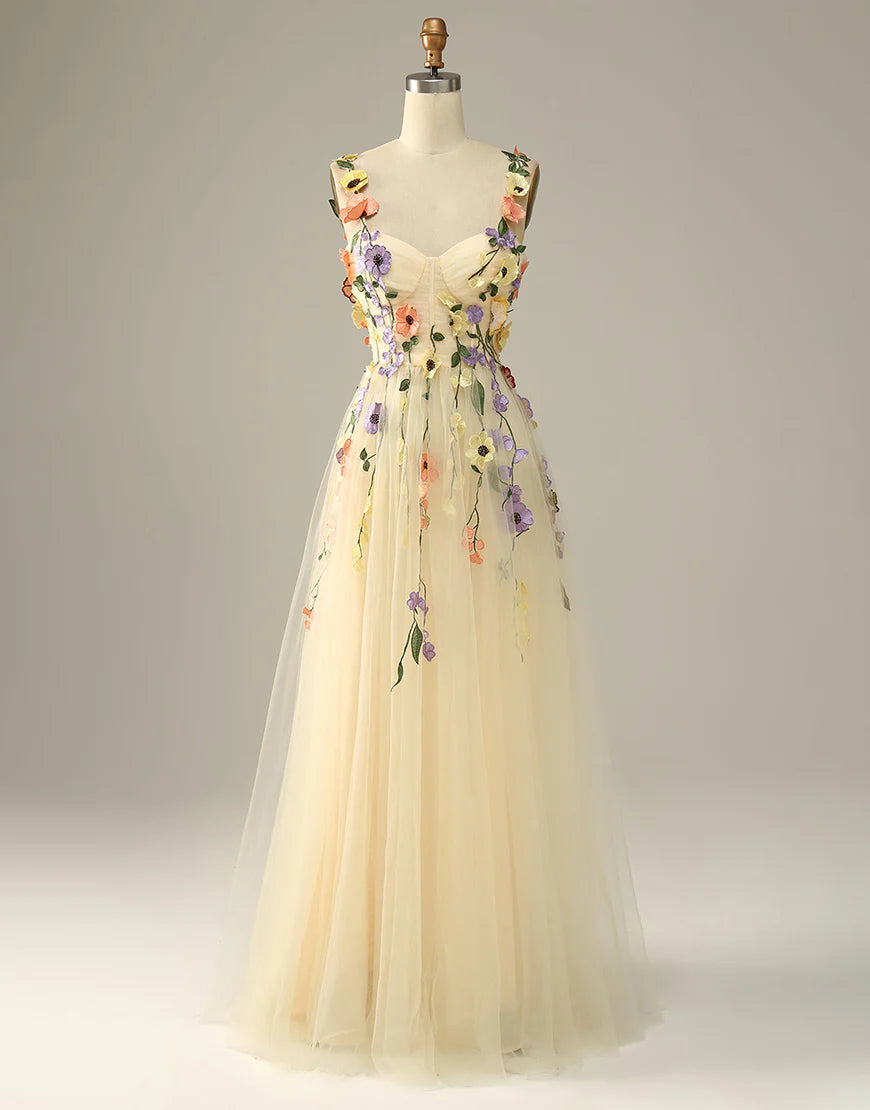 A Line Long Prom Dress With 3D Flower