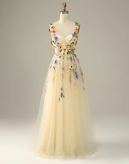 A Line Long Prom Dress With 3D Flower