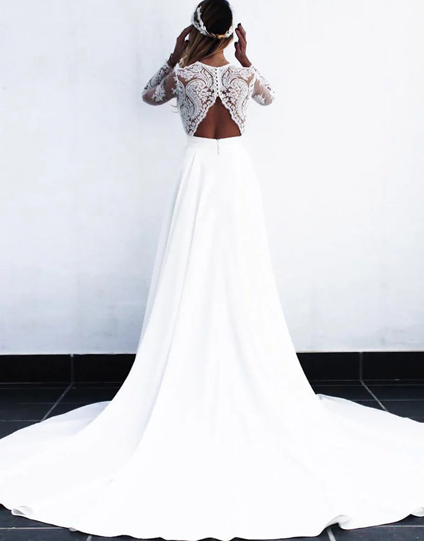 Lace Long Sleeves V Neck Long Bridal Dress