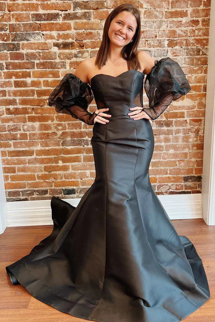 Trumpet  Strapless Long Prom Gown with Puff Sleeves