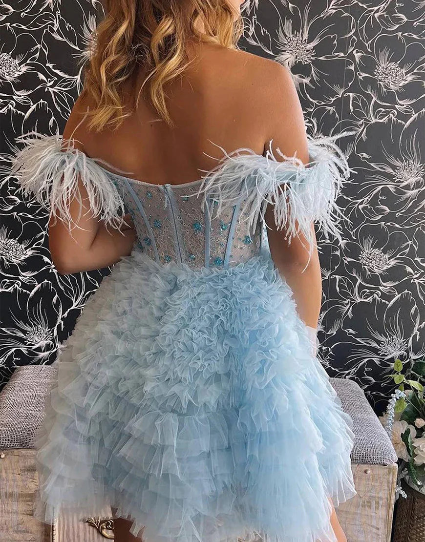 Off the Shoulder Glitter A Line Cute Homecoming Dress with Feathers