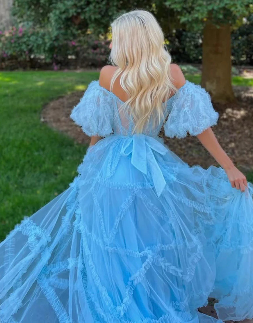 Tulle Blue Sweetheart Prom Dress with Sleeves