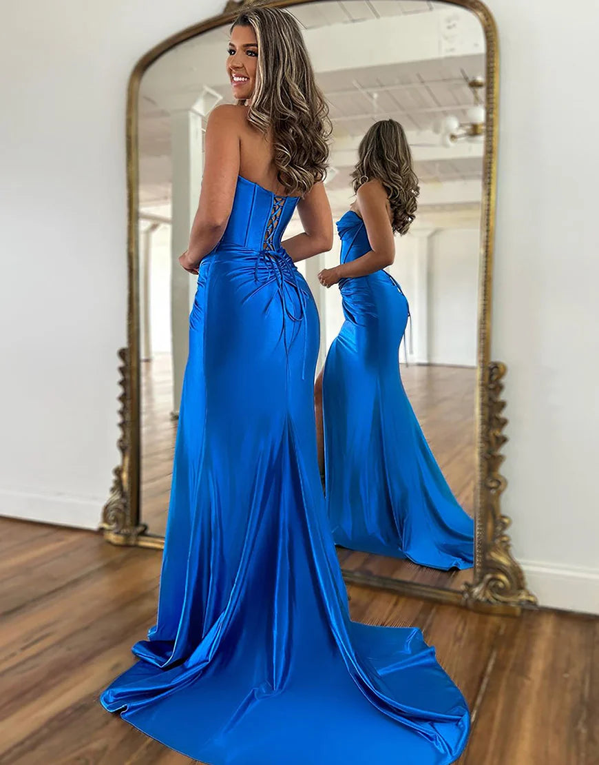 Mermaid Strapless Tight Long Prom Dress With Slit