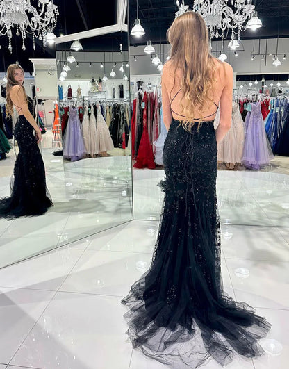 Mermaid Tulle Scoop Neck Long Prom Dress With Appliques