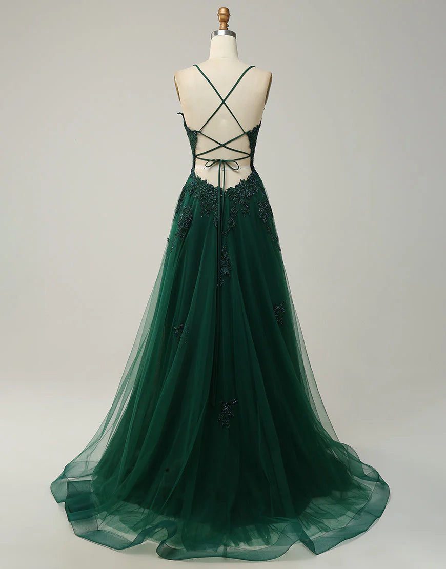 A-Line Tulle Appliques Long Prom Dress With Slit