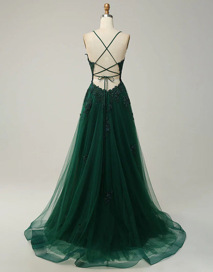 A-Line Tulle Appliques Long Prom Dress With Slit
