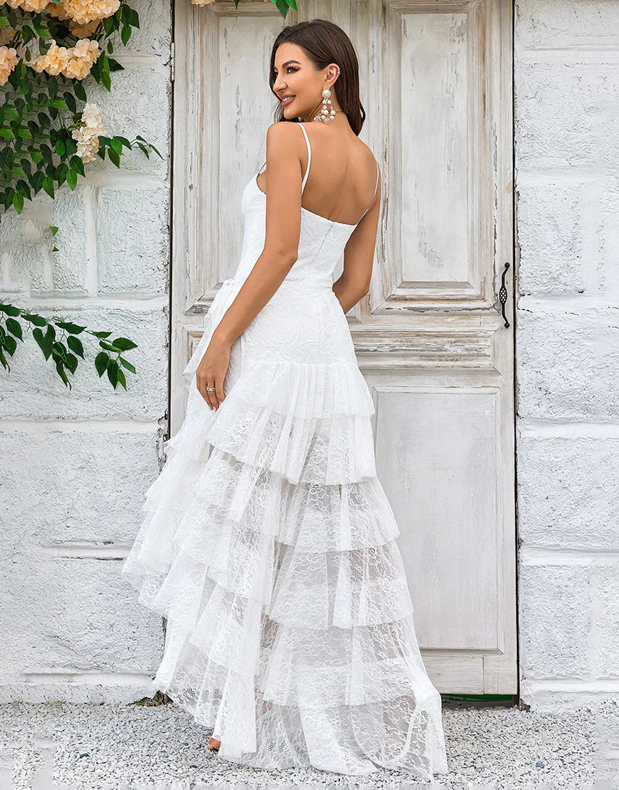 Lace Asymmetrical Detachable Train Boho Wedding Dress