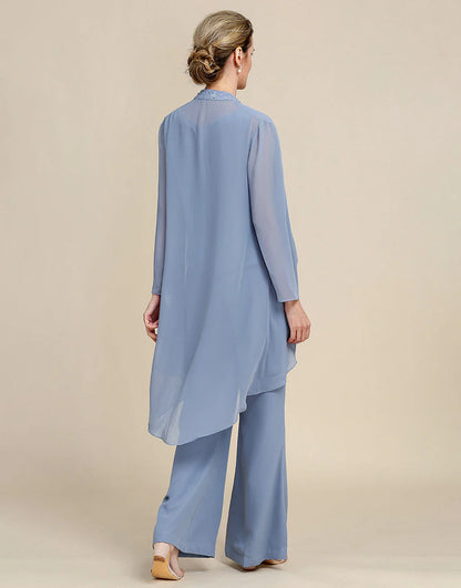 Grey Blue Long Sleeves 3 Piece Mother of the Bride Pant Suits