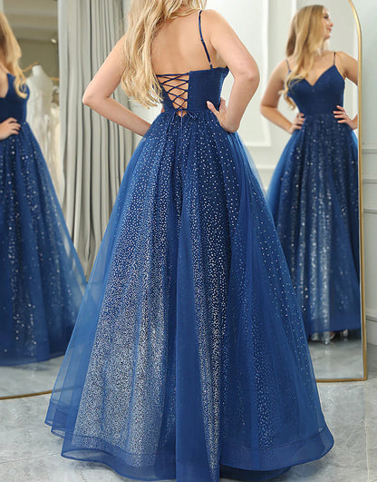 Sparkly Navy A Line Long Prom Dress With Slit