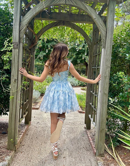 Printed Off the Shoulder Homecoming Dress with Ruffles