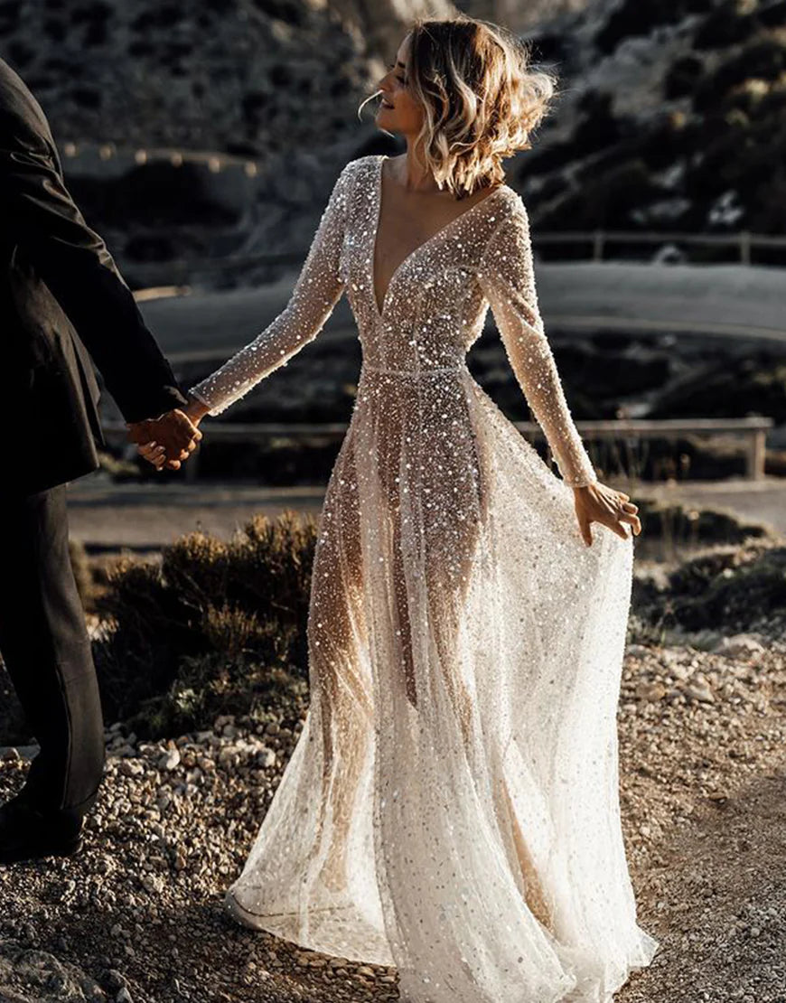 Sequin Long Sleeve Wedding Dress