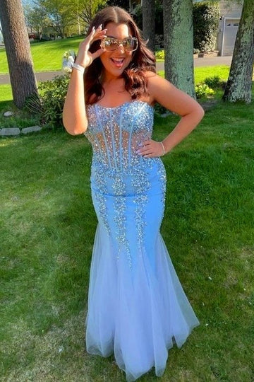 Tulle Beaded Strapless Mermaid Long Formal Dress