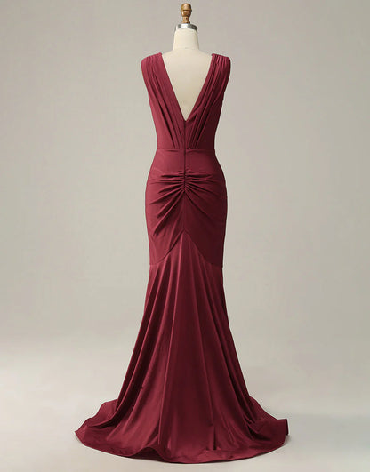 Mermaid Deep V Neck Burgundy Sleeveless Long Prom Dress