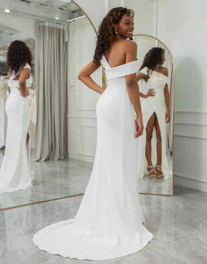 Off The Shoulder Draped Wedding Dress with Slit