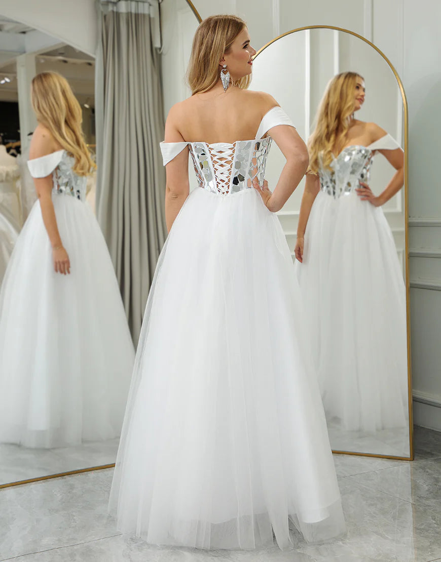 A Line Off the Shoulder Long Mirror Prom Dress