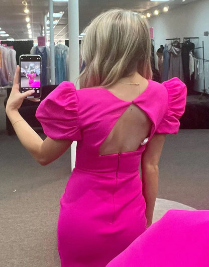 Fuchsia Deep V Neck Open Back Puff Sleeves Short Homecoming Dress