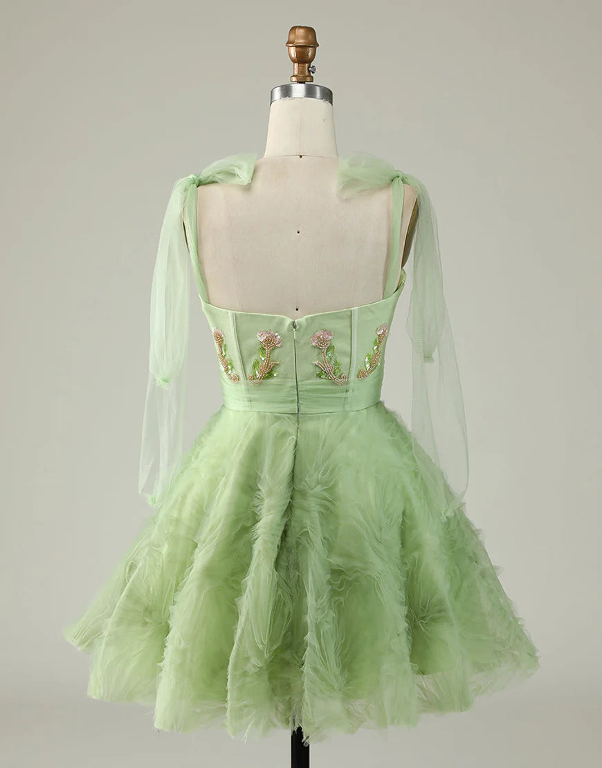 A Line Spaghetti Straps Green Short Homecoming Dress with Beading