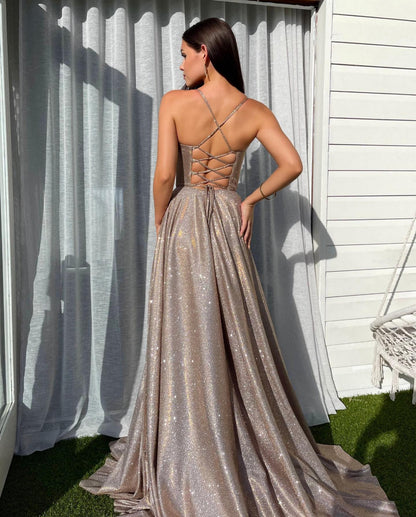 Glitter Spaghetti Strap A-Line Long Prom Dress