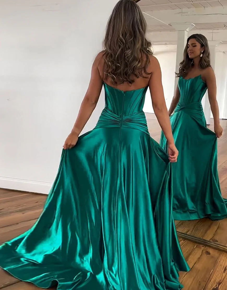 A-Line Satin Long Prom Dress with Slit