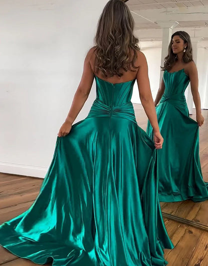A-Line Satin Long Prom Dress with Slit