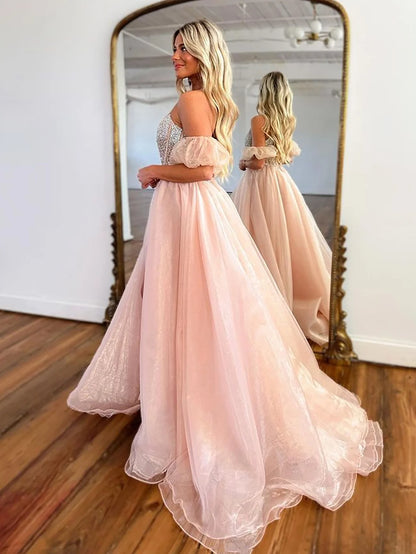 A Line Beading Strapless Long Prom Dress