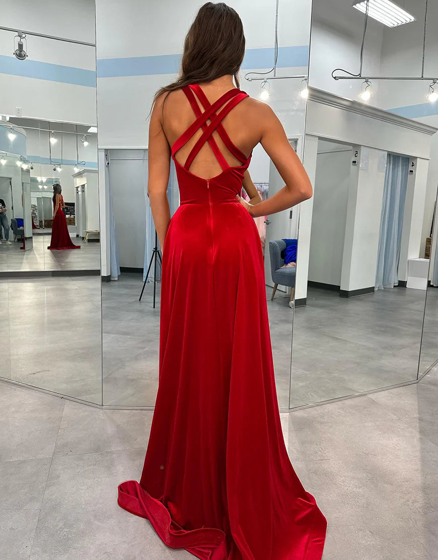 Sheath V Neck Long Prom Dress With Slit