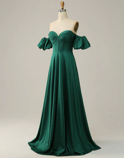 A Line Off the Shoulder Dark Green Long Prom Dress