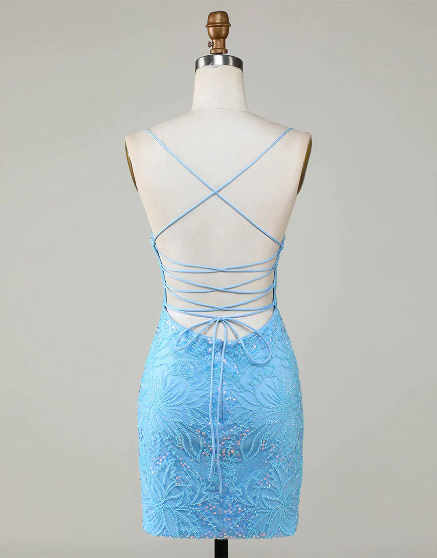 Beaded Lace Up Tight Short Homecoming Dress