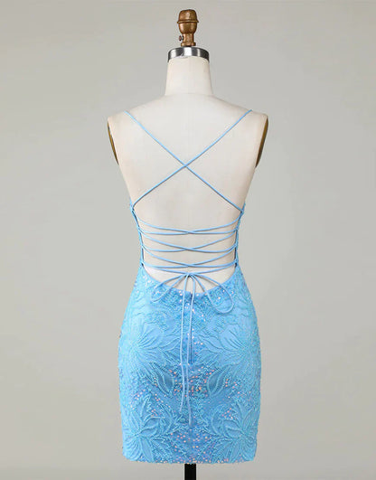 Beaded Lace Up Tight Short Homecoming Dress