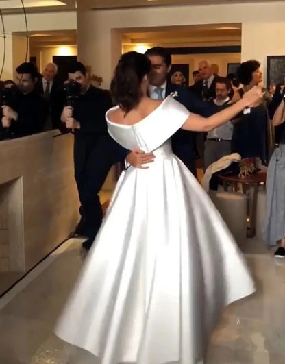 Off the Shoulder A Line High Low Long Bridal Dress