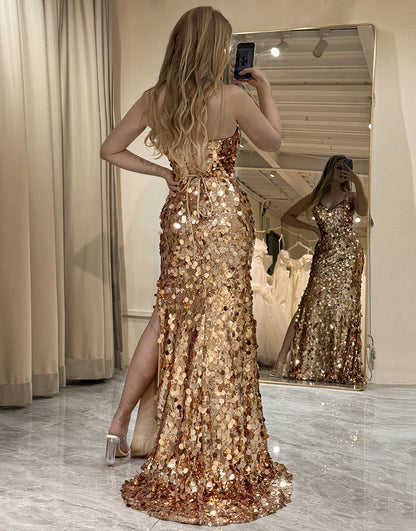Sparkly Rose Golden Mermaid Long Prom Dress With Split