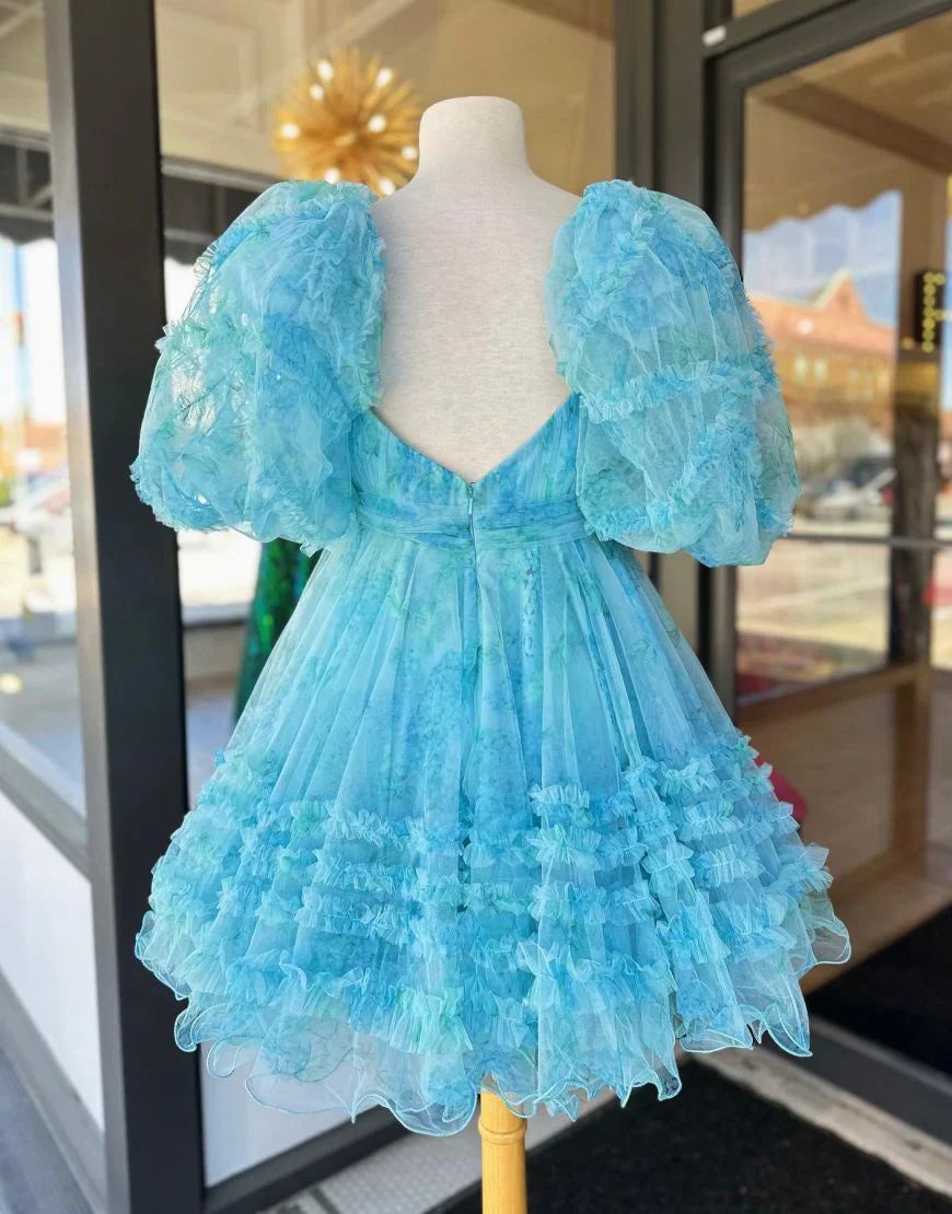 A-Line Sweetheart Puff Sleeves Blue Floral Short Homecoming Dress with Ruffles