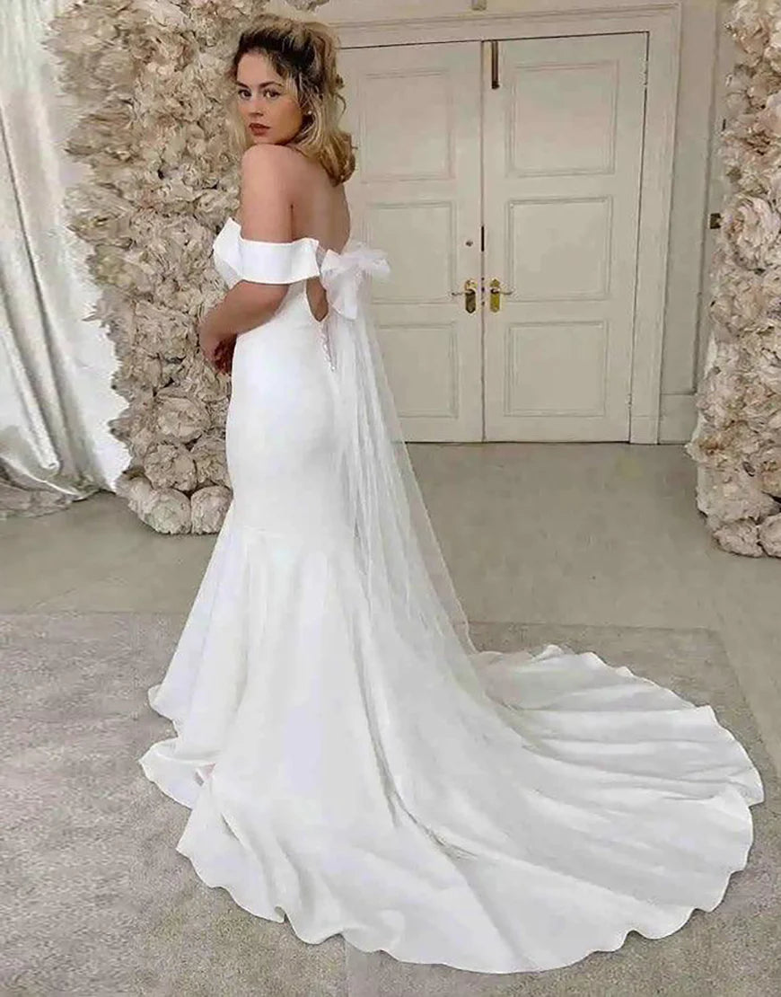 Off the Shoulder White Court Train Long Bridal Dress