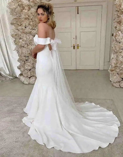 Off the Shoulder White Court Train Long Bridal Dress