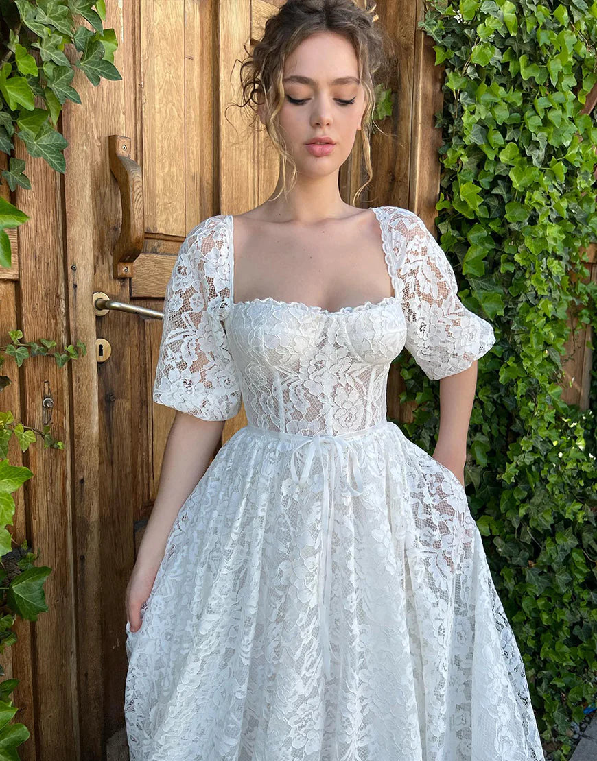 Short Lace Wedding Dress with Sleeves