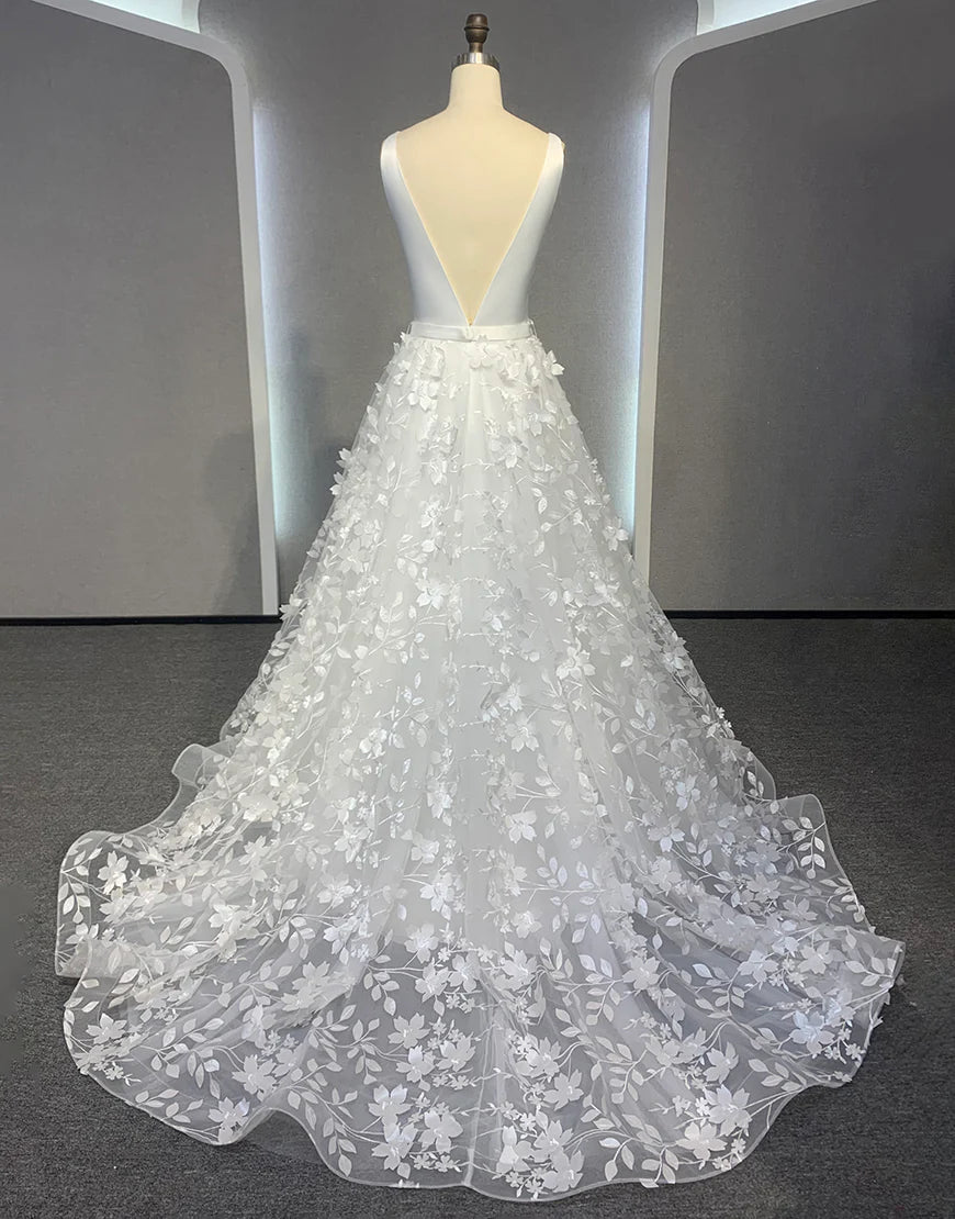 V Neck Open Back A Line Ivory Wedding Dress With Appliques
