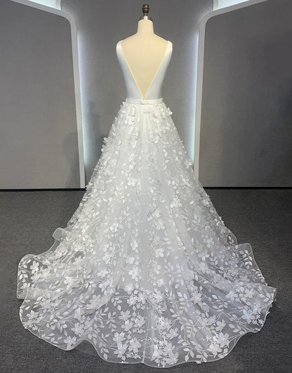 V Neck Open Back A Line Ivory Wedding Dress With Appliques