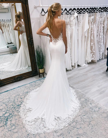 Mermaid Sweep Train Boho Long Mermaid Wedding Dress with Lace